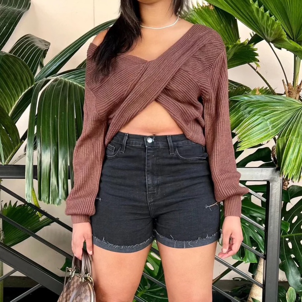 Brown Reversible Criss-Cross Crop Sweater